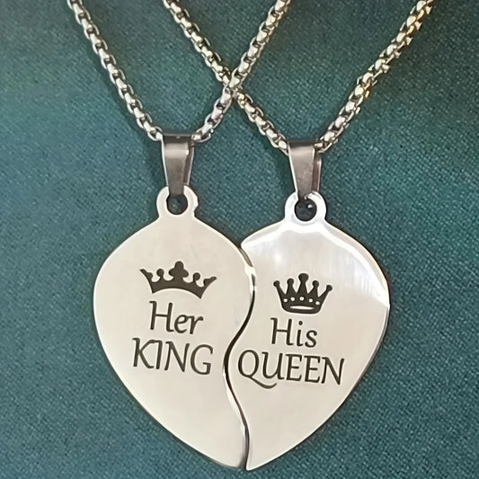 King Queen Crown Couple Confession Love Necklace, Stainless Steel