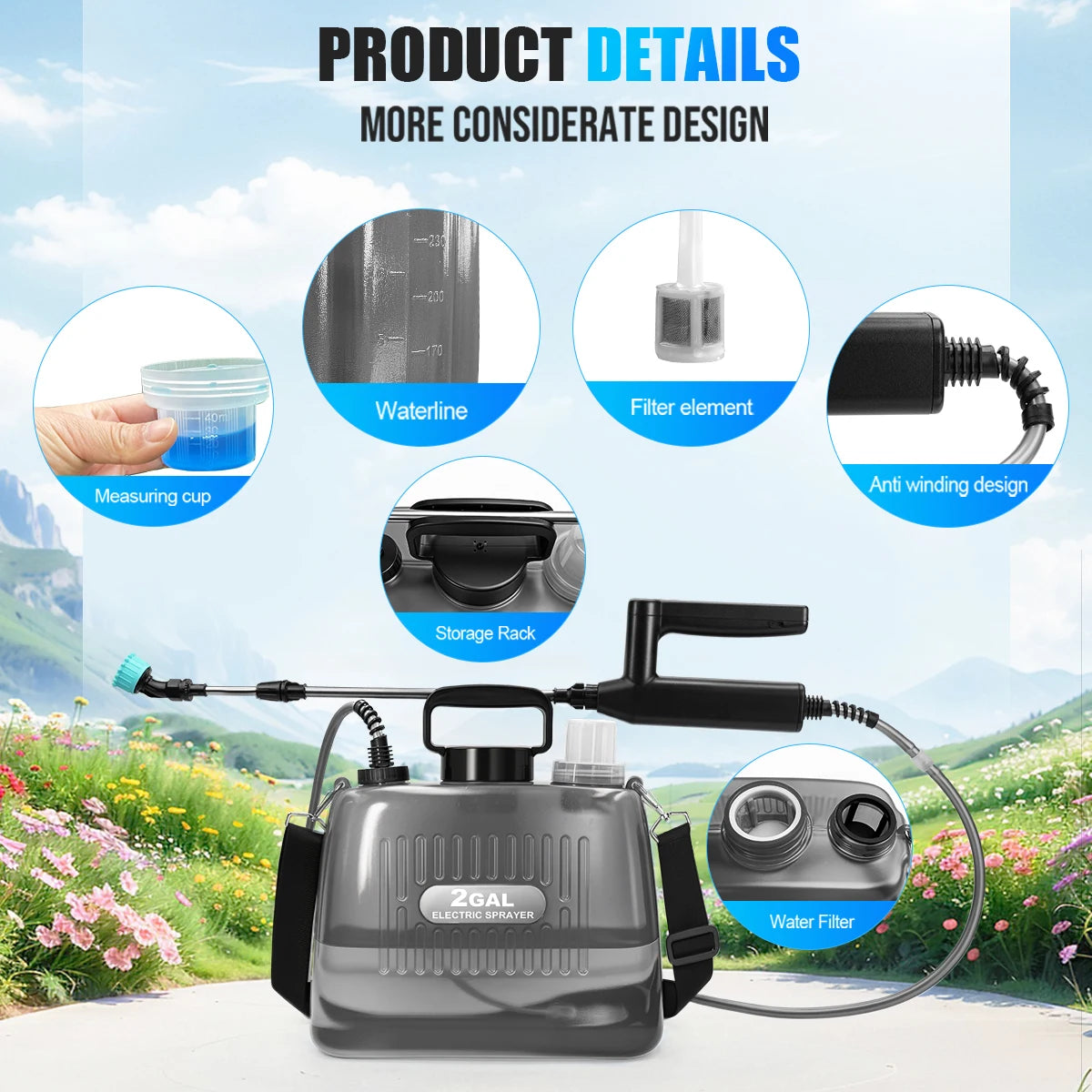 2 Gallon Battery Powered Sprayer, Electric Garden Sprayer with 3 Adjustable Pressure Levels, 4 Nozzles & Extendable Wand