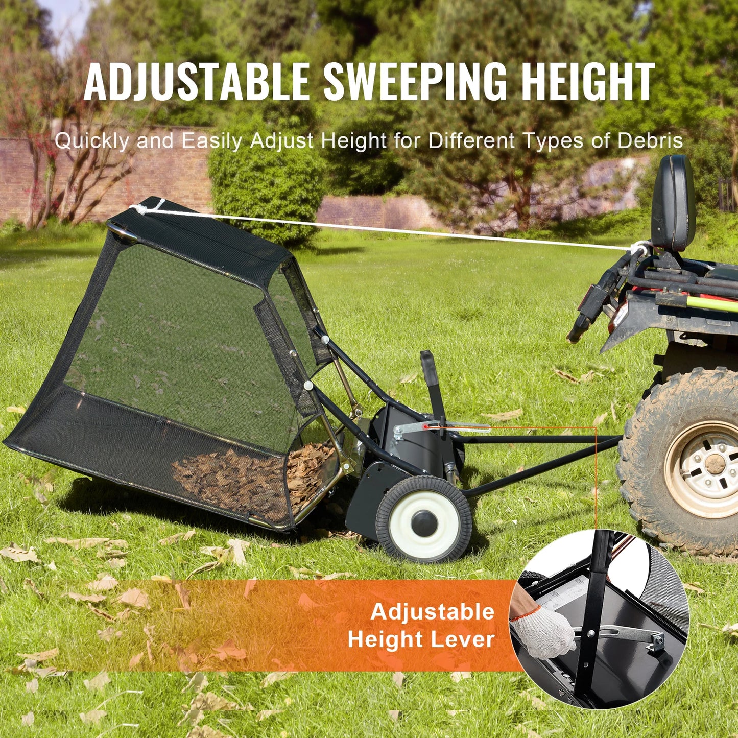 SucceBuy Large Lawn Sweeper, Tow Behind Design with Dump Rope for Easy Emptying