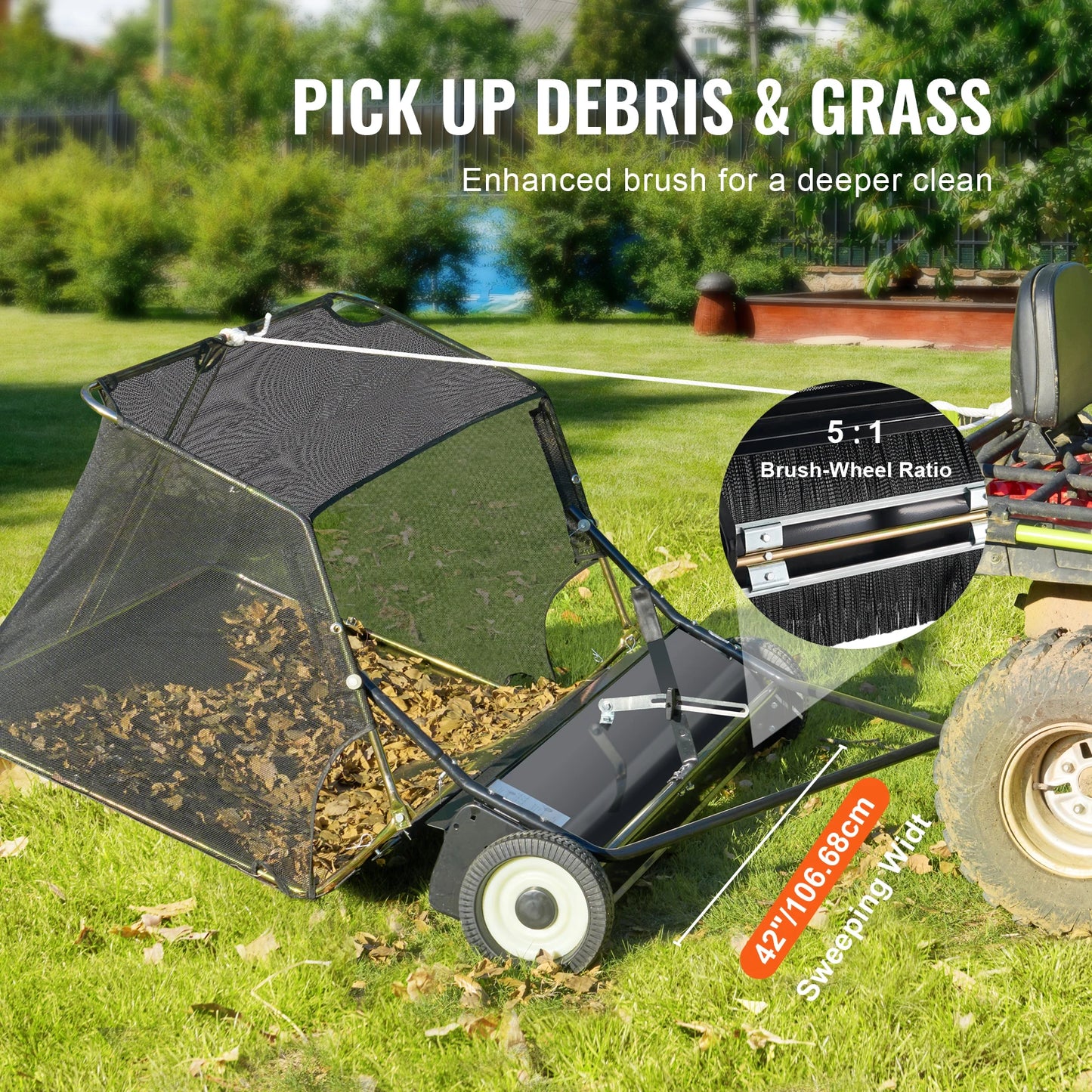 SucceBuy Large Lawn Sweeper, Tow Behind Design with Dump Rope for Easy Emptying