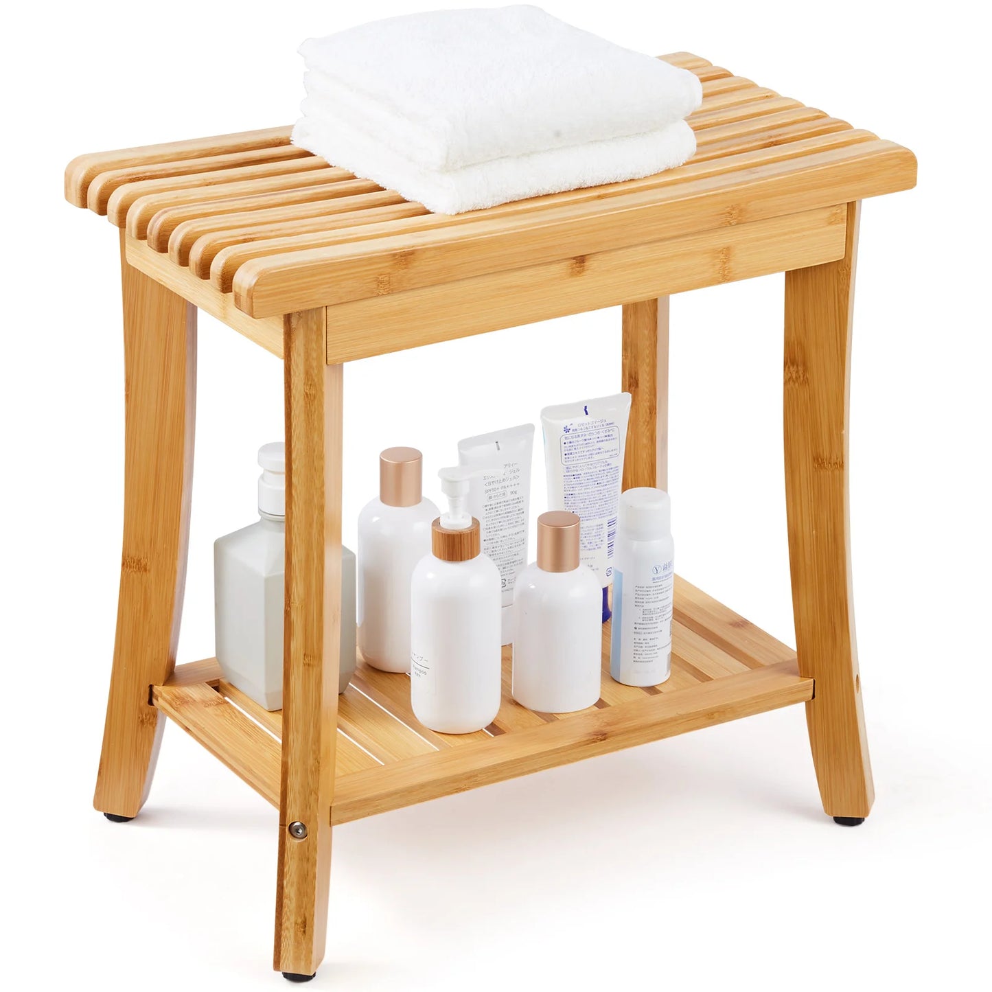 Bamboo Waterproof Shower Stool Chair with Storage Shelf 330lbs Load Capacity Spa Seat