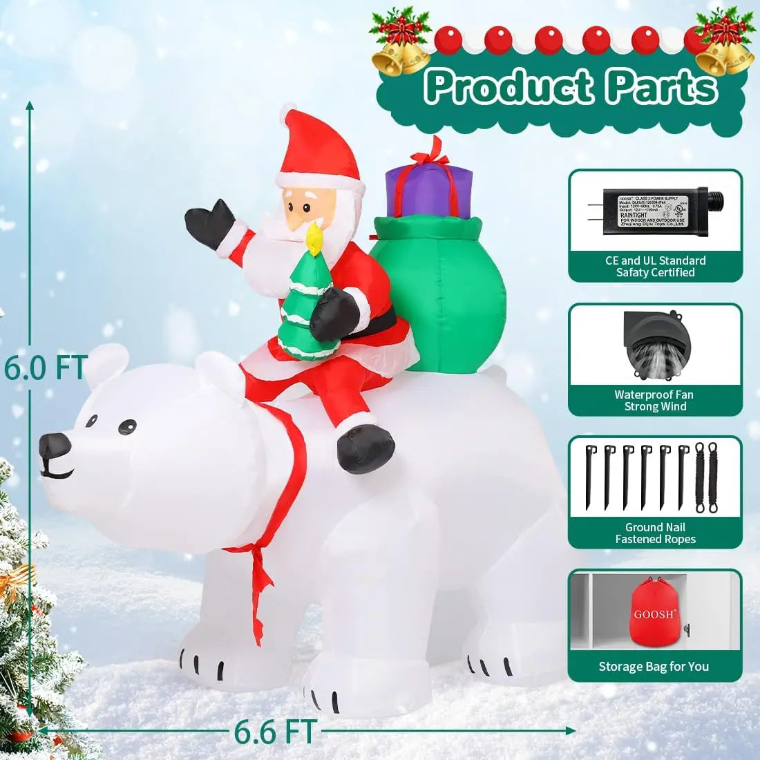 6 FT Christmas Inflatables Santa Clause Riding Bear with Shaking Head Outdoor Decorations Blow Up Yard Decor with LED Lights