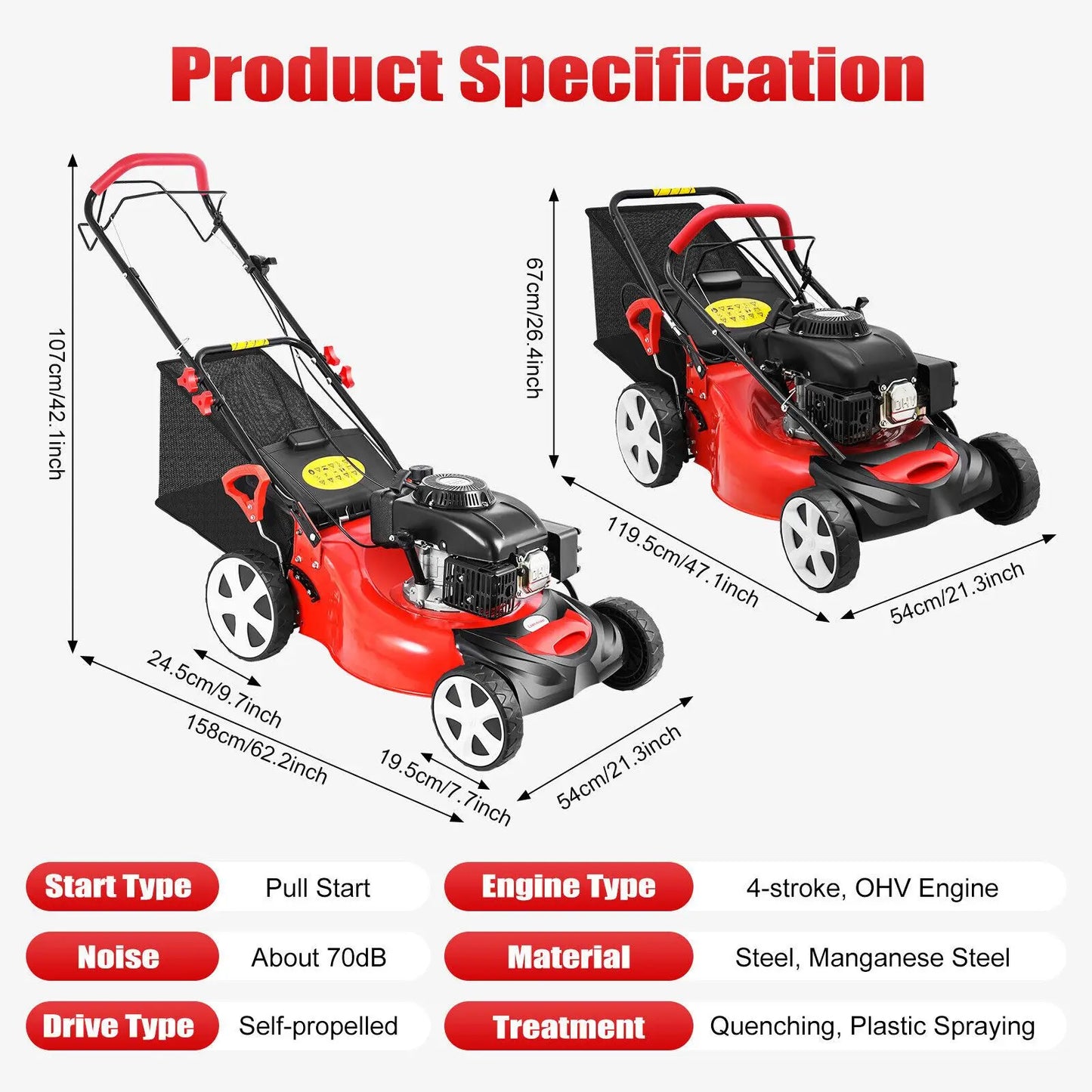 Self-Propelled Gas Lawn Mower – 140cc 4-Stroke Engine, 20" Cut Width & 8-Position Height