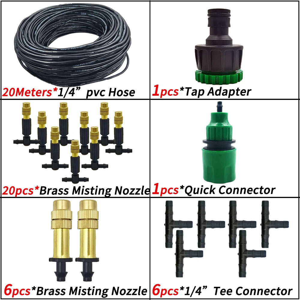 15M-30M Outdoor Misting Garden Irrigation 1/4'' Brass Atomizer Nozzles Hose for Patio/Greenhouse