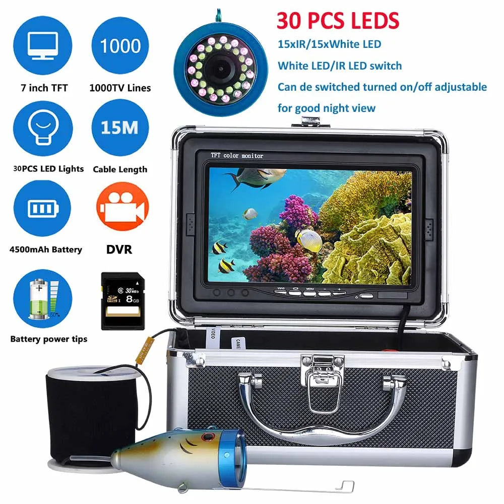 Fish Finder Underwater Fishing Camera Double Lamp 30LEDs 7Inch 15M 30M 50M IP68 Waterproof