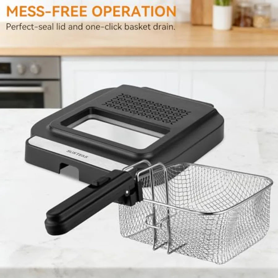 1500W Adjustable Temperature Electric Deep Fryer with Removable Lid and 2.5L Non-Stick Inner Pot for Home Use Deep Black Fryer