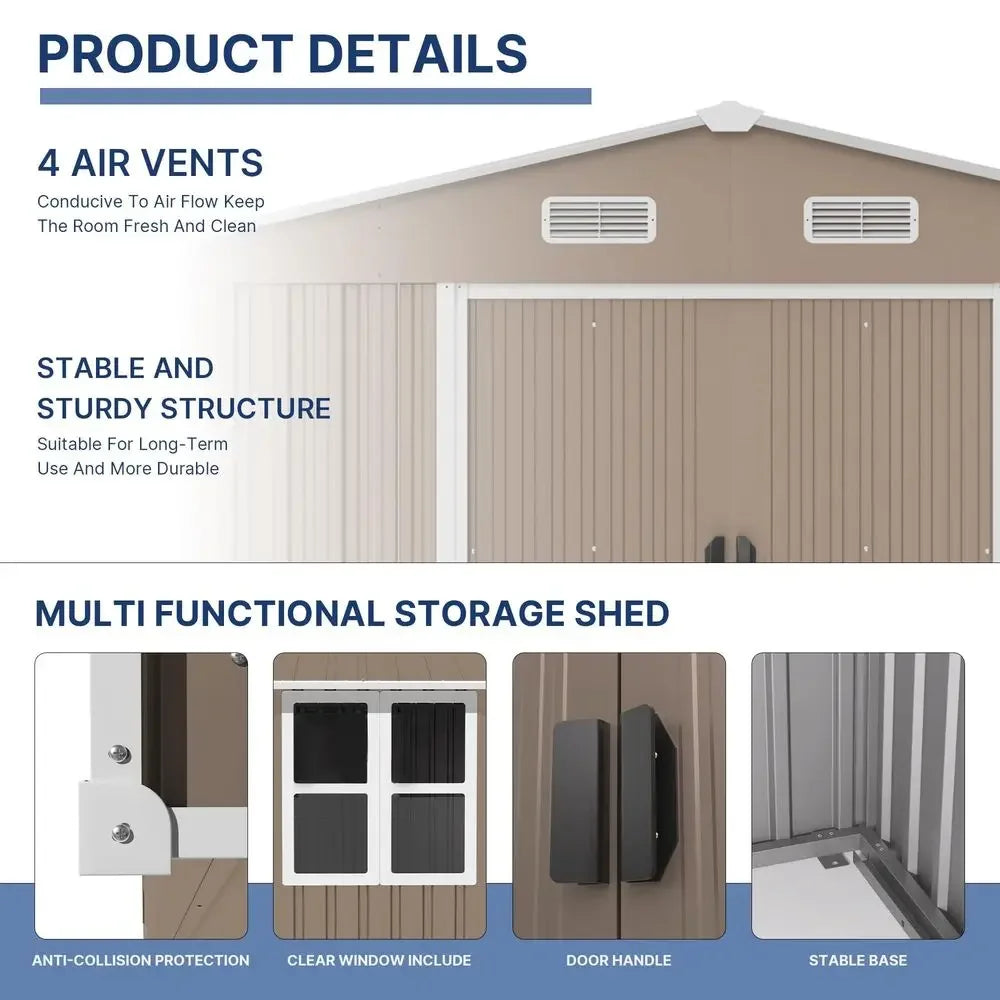 10FT x 8FT Outdoor Storage Shed with Window and Lockable Doors, Waterproof Tool Shed Galvanized Steel