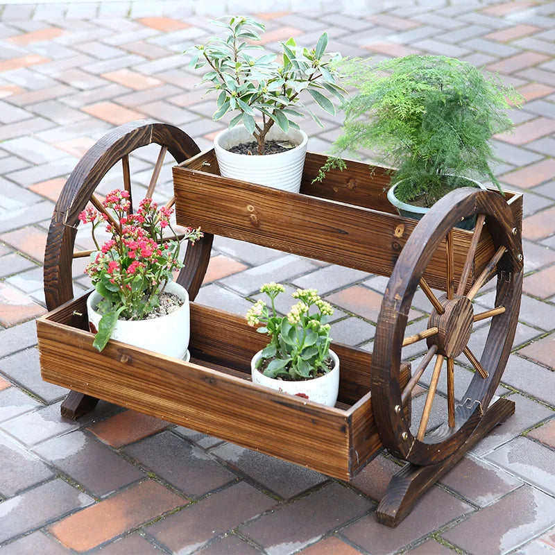 ‌Solid Wood Rolling Plant Cart - Outdoor Patio Stand