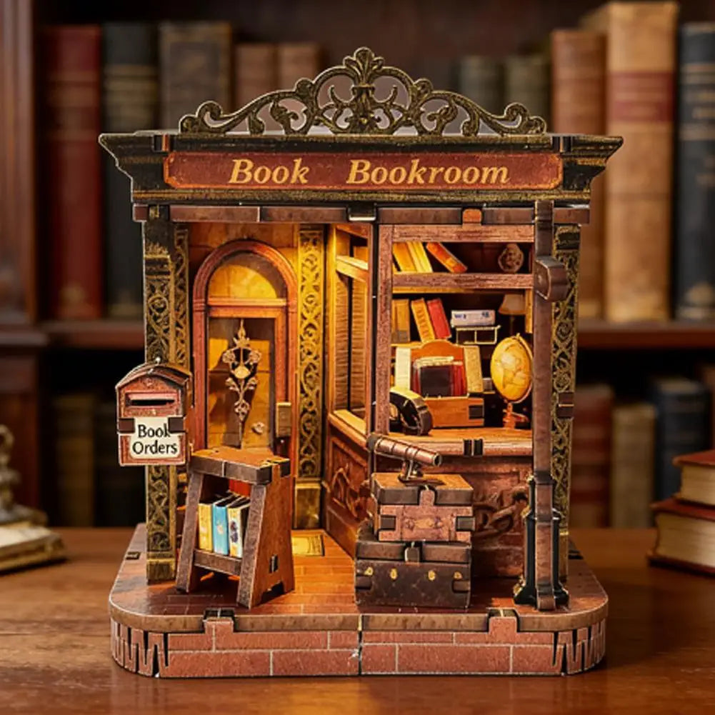 DIY Mini Wooden Dollhouse Kit 3D Wooden Puzzle Book Nook LED Light
