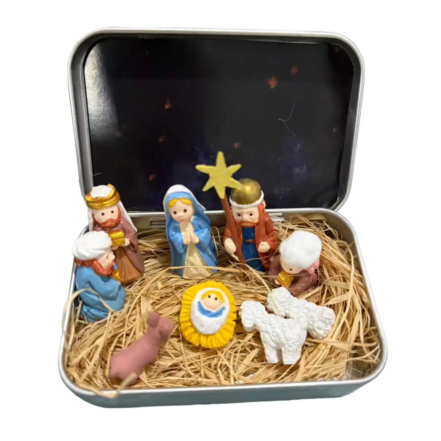 Nativity Set in Tin Box Portable Mini 3D Decorative Holy Ornament