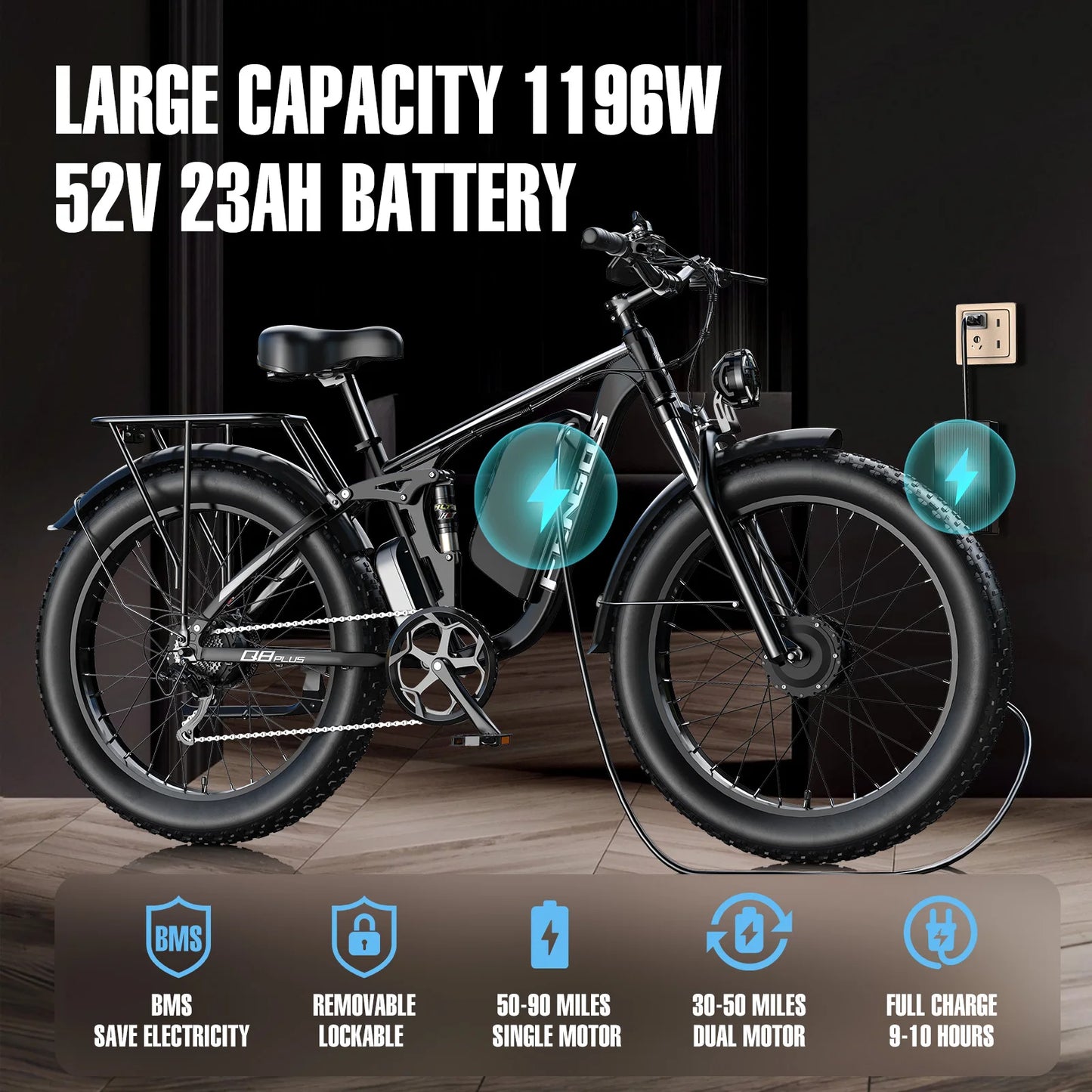 FENGQS NEW Q8PLUS 6000W 5000W Dual Motor Mountain Electric Vehicle 60V1200WH Large Battery, 100 Kilometer Range, Hydraulic Disc Brake with Turn Signal. Fully Shock-Absorbing Structure