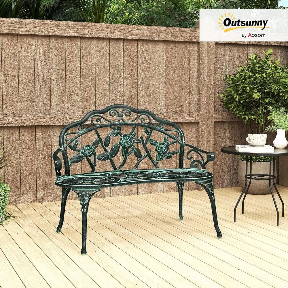 Vintage Garden Bench with Floral Rose Accent – Antique Green