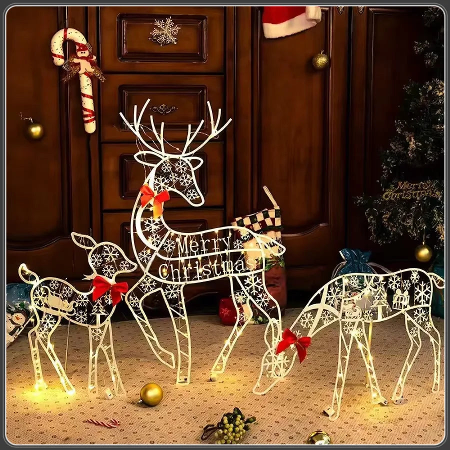 3pcs Handmake Iron Art Elk Deer Christmas Garden Decor &led Light Glowing Glitter Reindeer