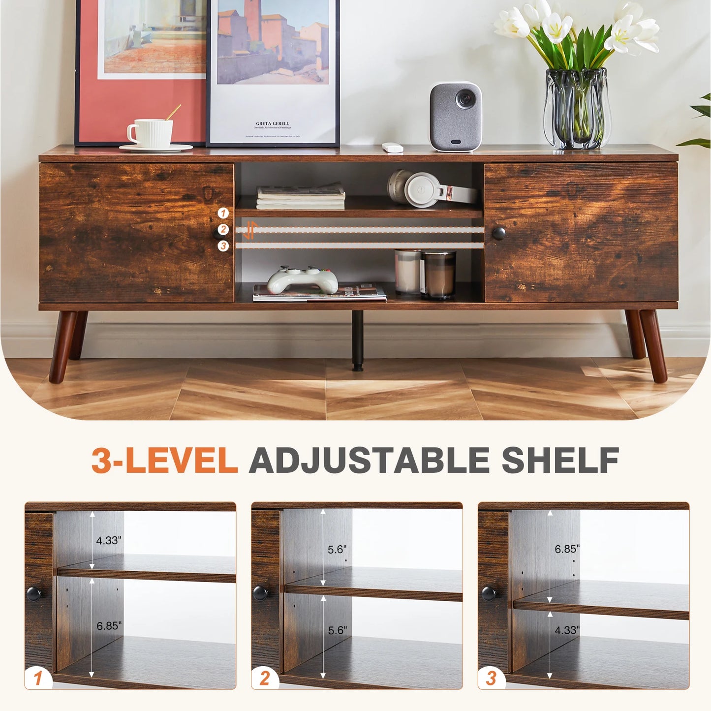 MCQ Wooden For 50 Up To 60 Inch TV Adjustable Shelf 2 Storage Entertainment Center
