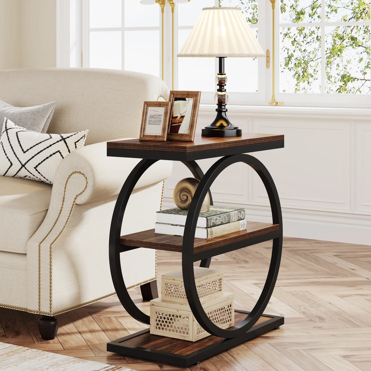 Narrow End Table with 3 Storage Shelves, Wooden.