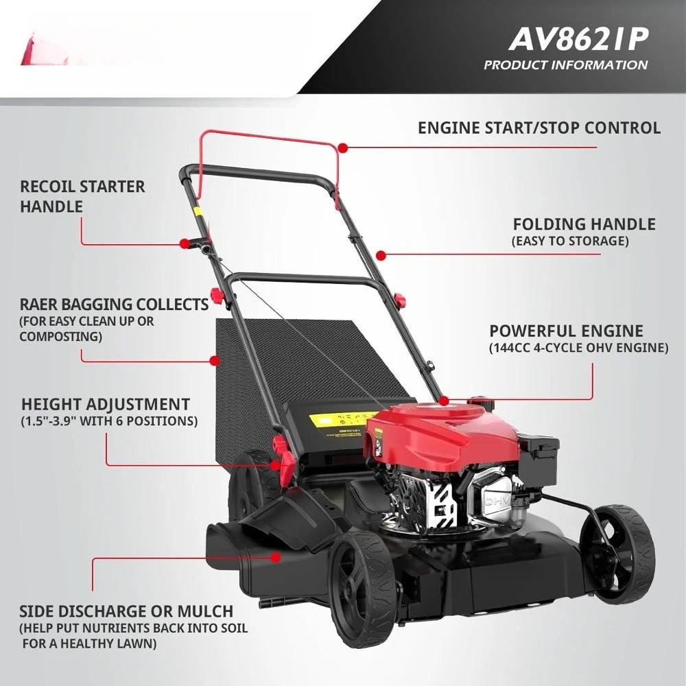 US Shipping Hot New 21 Inch 144cc 4-Cycle OHV Engine 3-in-1 Walk Behind Push Gas Lawn Mower