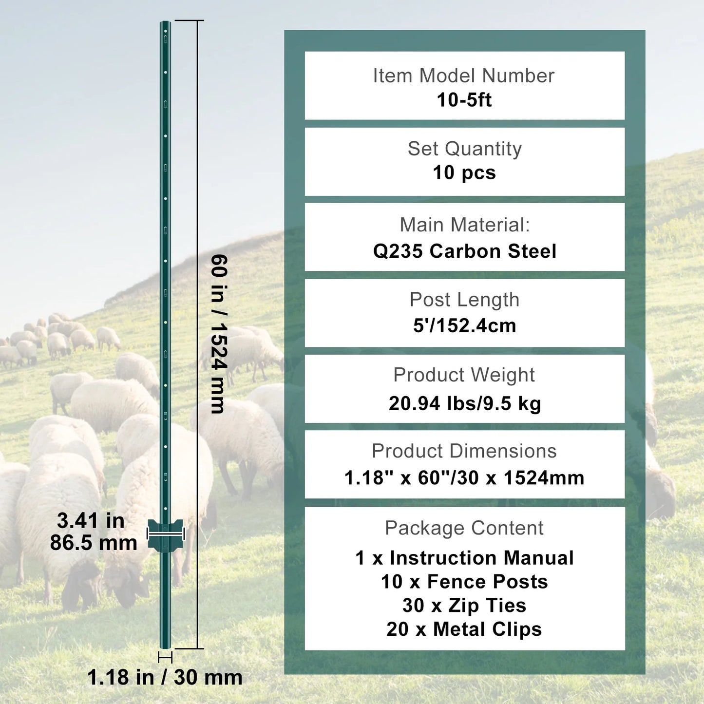 4/5/6/7 Ft Fence Post 6/10 Pack T-Post Heavy Duty Metal Fence Posts Green
