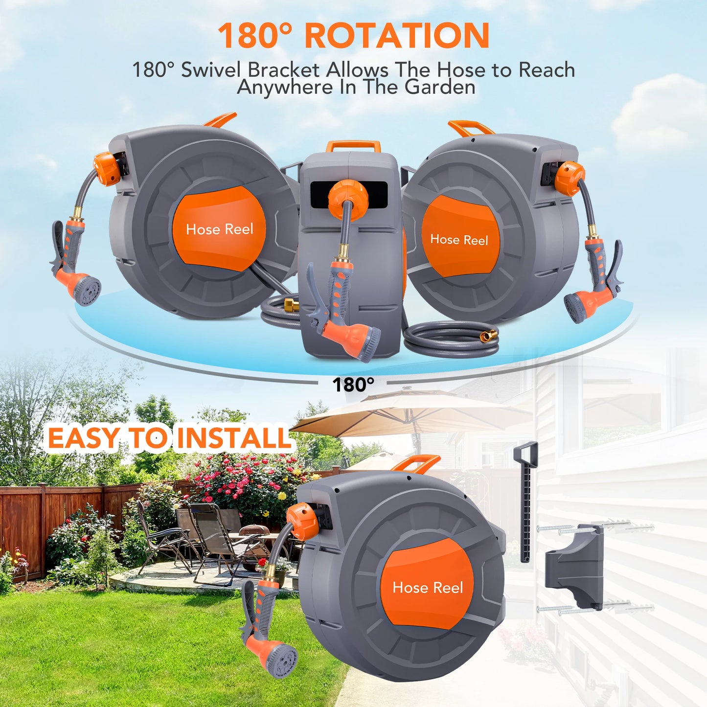 Retractable Garden Hose Reel 65/ 100 ft, Wall Mounted, 9-Function Sprayer, Any Length Lock, 180° Swivel, Automatic Rewind & Slow Return System