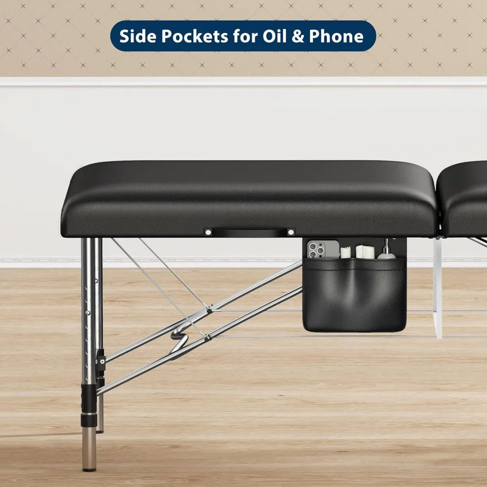Portable 2-Fold Massage Table Height-Adjustable Aluminum Frame Side Pocket Face Cradle