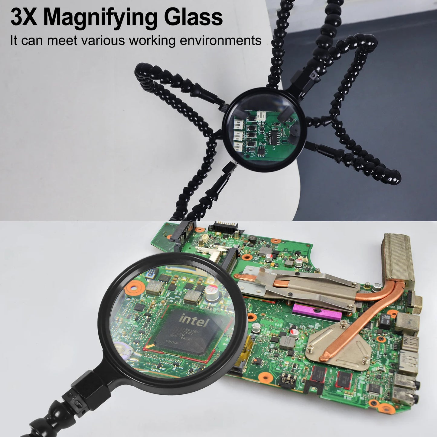 Toolour Helping Hand Soldering Third Hands with 6 Flexible Arms LED Flashlight Magnifying Glass Welding Smoke Exhaust Fan