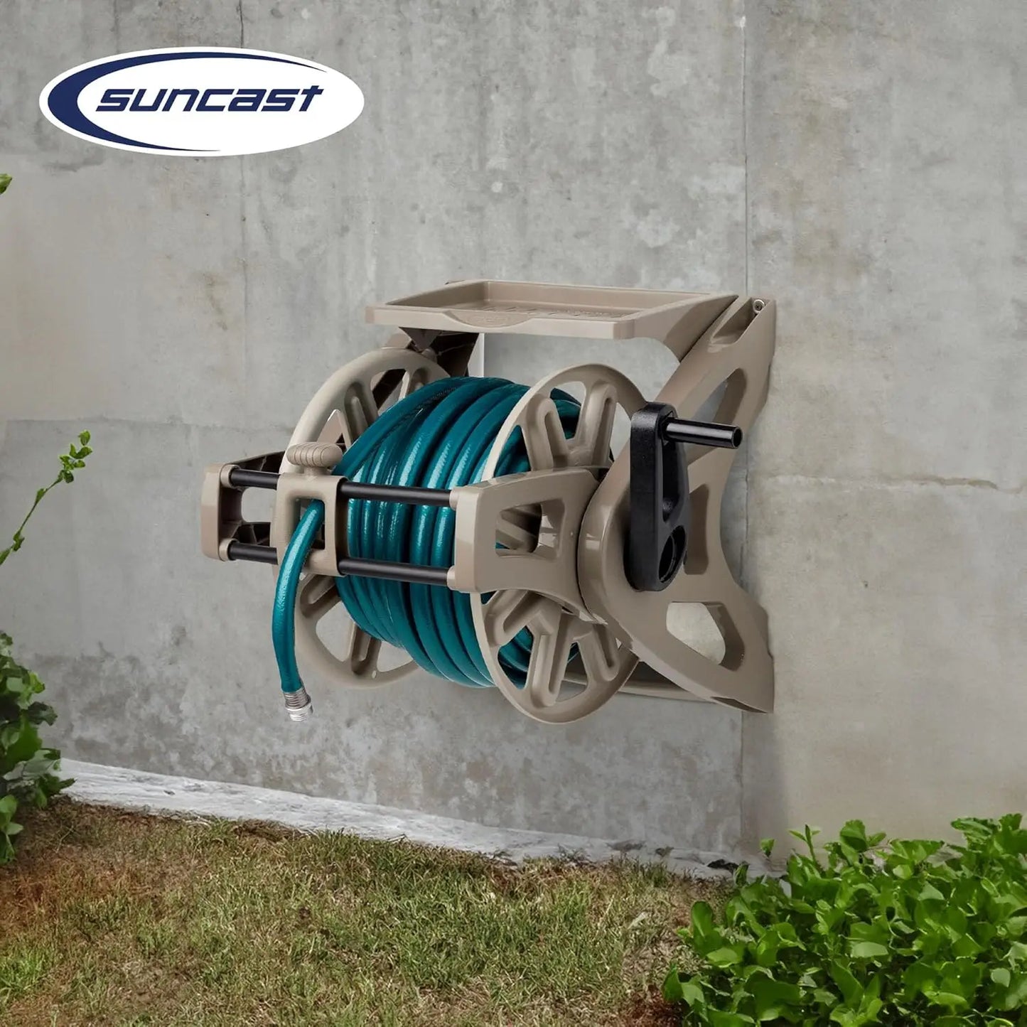 Wall-Mounted Garden Hose Reel, Holds 175 Ft of 5/8" Hose, with Storage Tray for Tools, Durable Resin, Easy Winding Guide