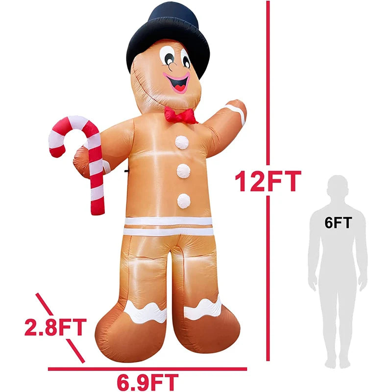 12 Foot Giant Christmas Inflatable Gingerbread Man with Candy Cane LED Lights Yard Home Party Decor