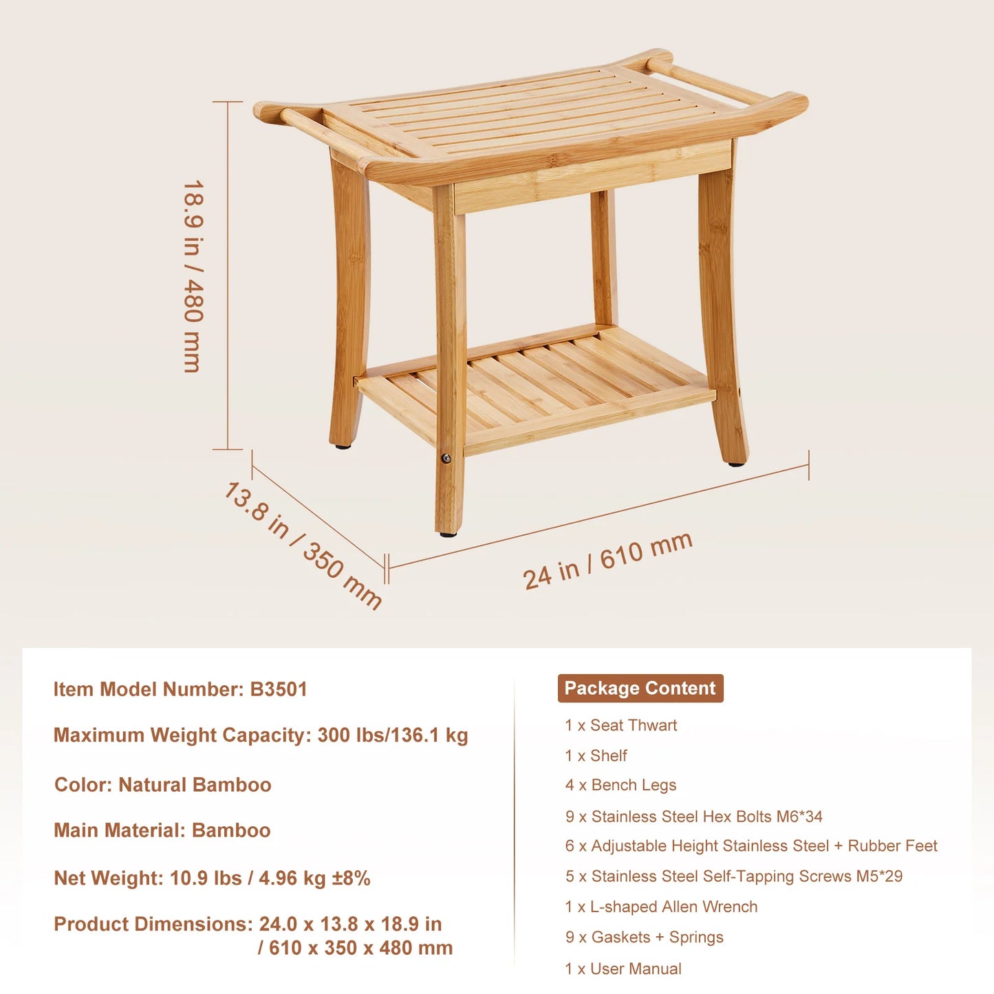 Bamboo Waterproof Shower Stool Chair with Storage Shelf 330lbs Load Capacity Spa Seat