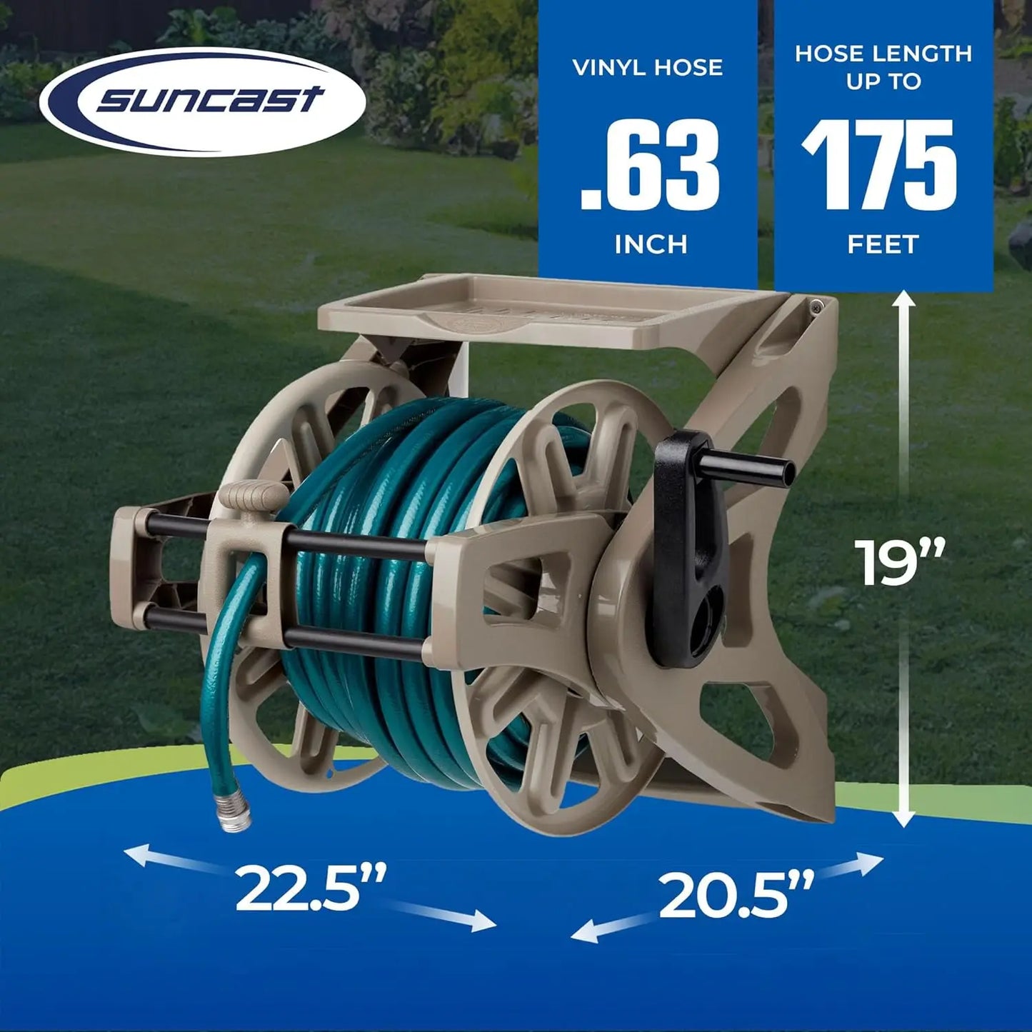 Wall-Mounted Garden Hose Reel, Holds 175 Ft of 5/8" Hose, with Storage Tray for Tools, Durable Resin, Easy Winding Guide