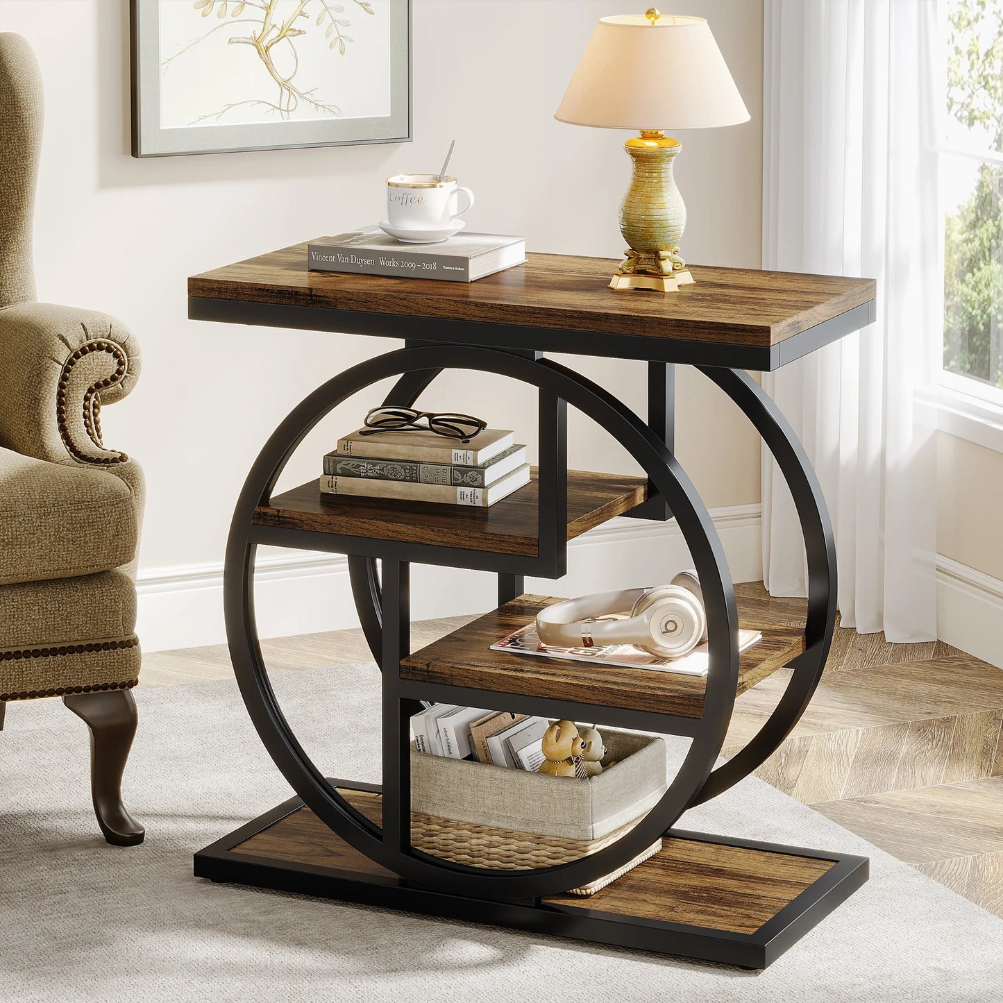 Narrow End Table with 3 Storage Shelves, Wooden.