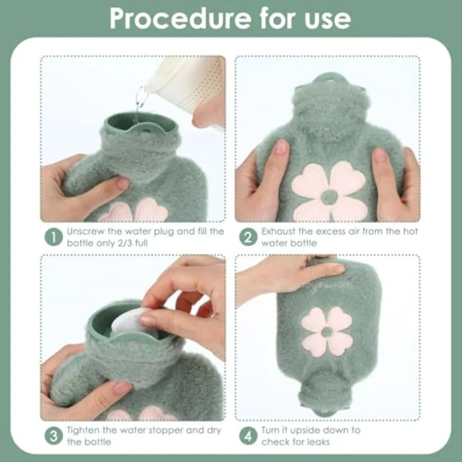 500ml Hot Water Bottle, 2-in-1 Small Hot Water Bottle with Cover Warm Water Bag with Soft Premium Faux Fur Cover Water Bag for