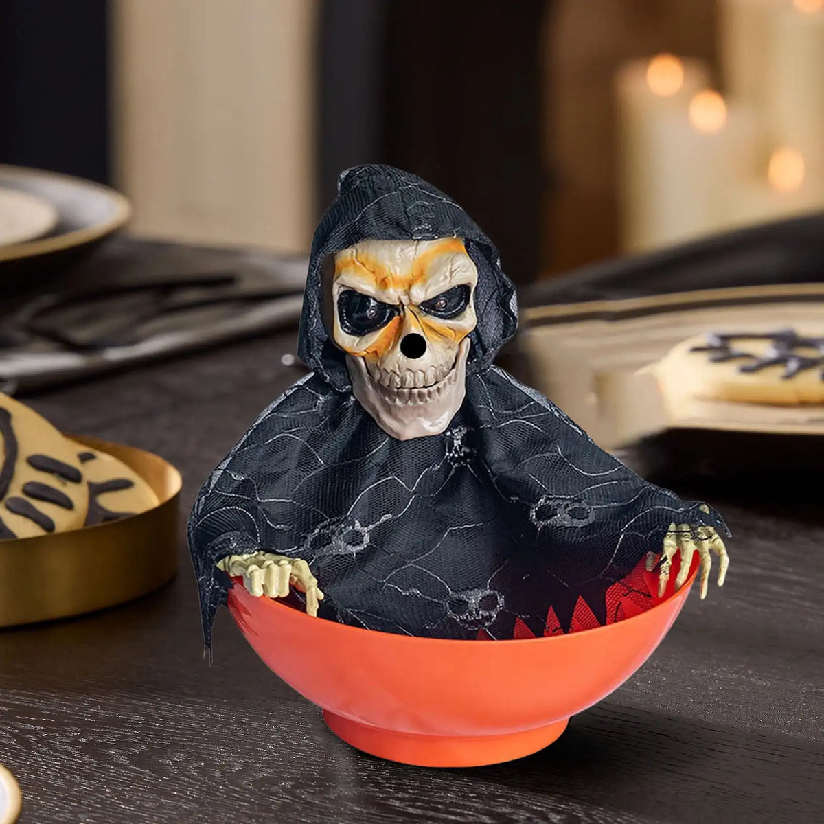 Halloween Skeleton Candy Bowl Motion Activated Animated Skull Holder Light Up Eyes Creepy Sound Trick or Treat Party Decor Stone & Stem