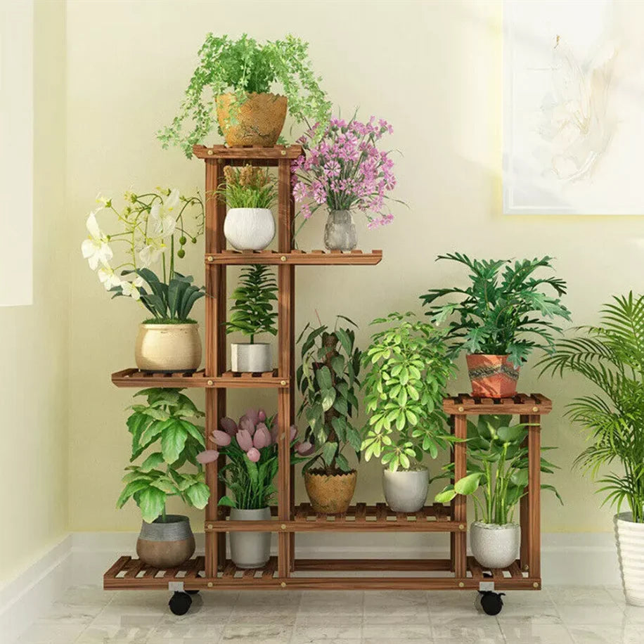 Multi-Layer Wood Plant Stand Rack Outdoor Indoor Rolling Flower Pot Holder with Wheels