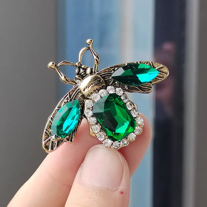 Vintage Green Crystal Bee Brooches For Women Rhinestone Insect Champagne