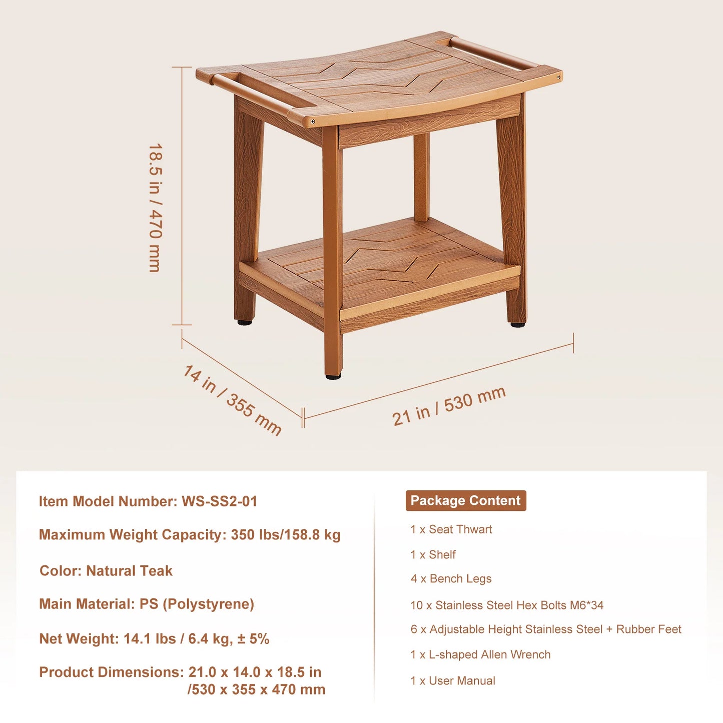 Bamboo Waterproof Shower Stool Chair with Storage Shelf 330lbs Load Capacity Spa Seat