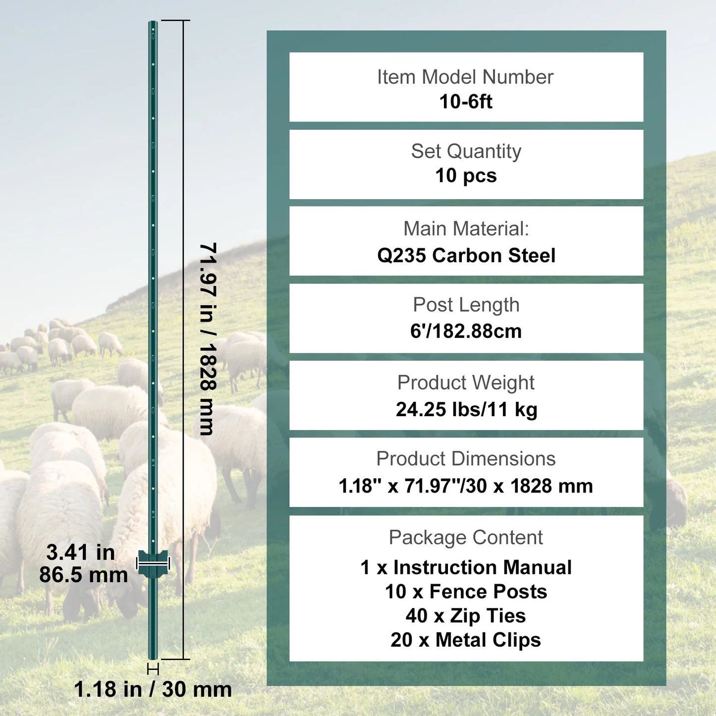 4/5/6/7 Ft Fence Post 6/10 Pack T-Post Heavy Duty Metal Fence Posts Green