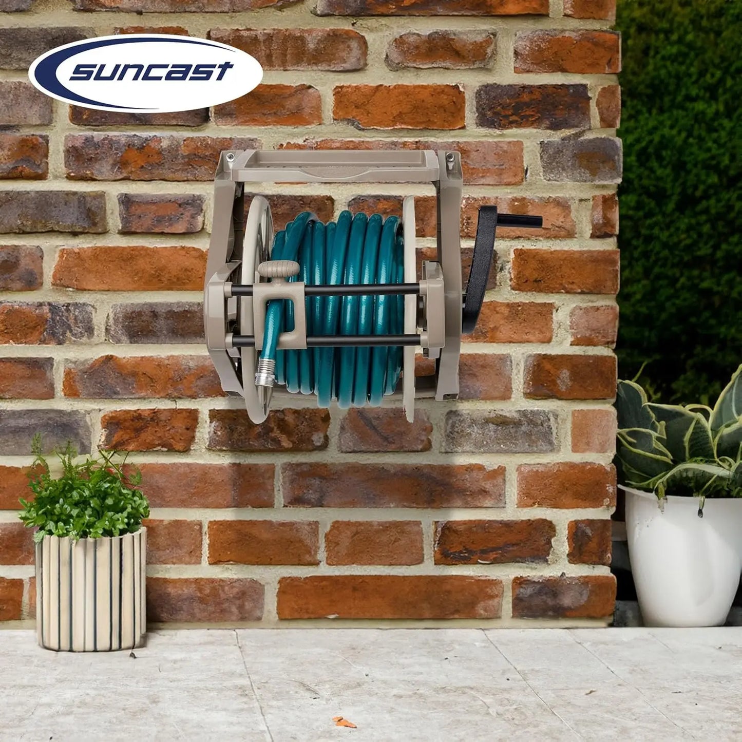 Wall-Mounted Garden Hose Reel, Holds 175 Ft of 5/8" Hose, with Storage Tray for Tools, Durable Resin, Easy Winding Guide