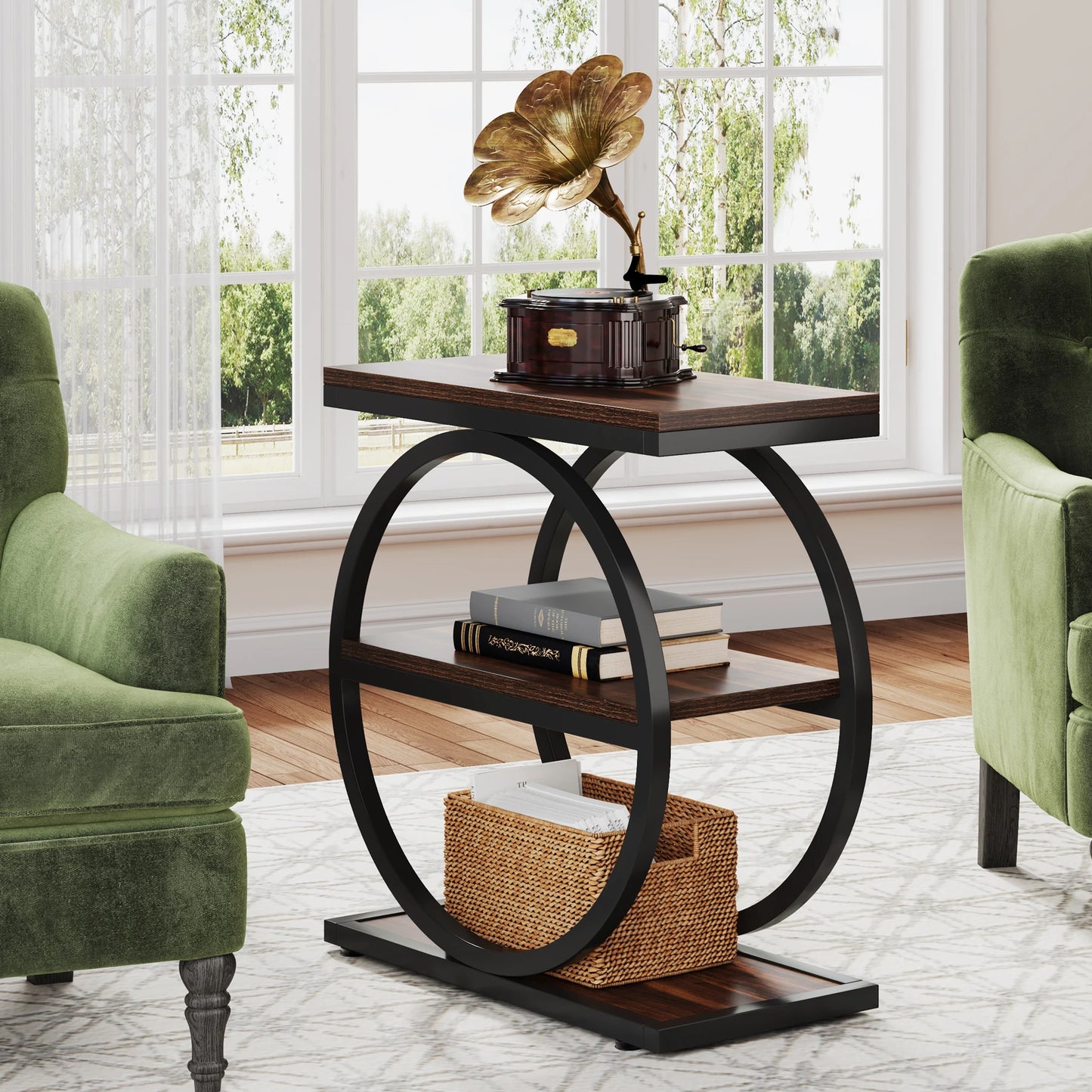 Narrow End Table with 3 Storage Shelves, Wooden.