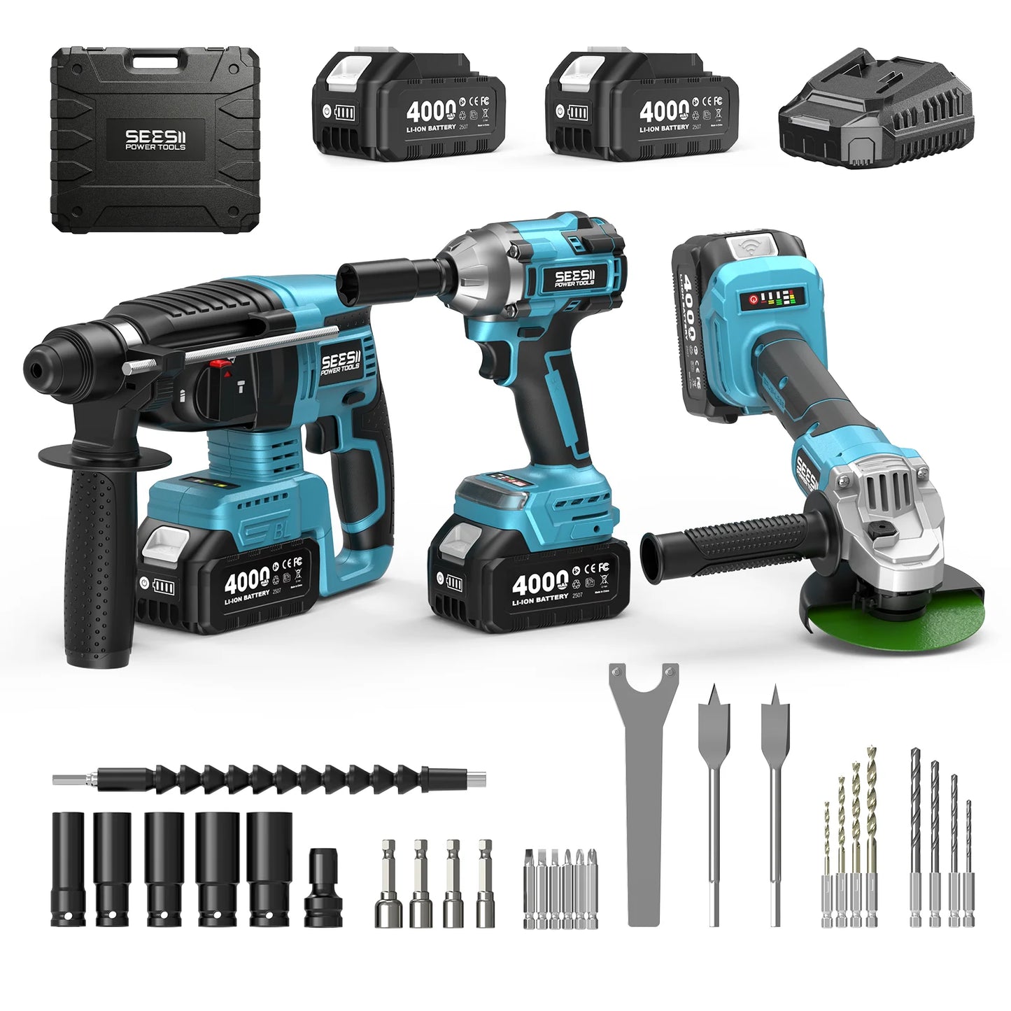 Seesii 3-In-1 Tool Combo Kit Rotary Hammer Drill Impact Wrench Angle Grinder Electric Brushless Cordless Battery Powered Tool Kits with 2x4.0Ah Batteries for Car Home Heavy-duty
