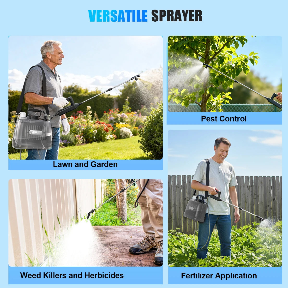 2 Gallon Battery Powered Sprayer, Electric Garden Sprayer with 3 Adjustable Pressure Levels, 4 Nozzles & Extendable Wand