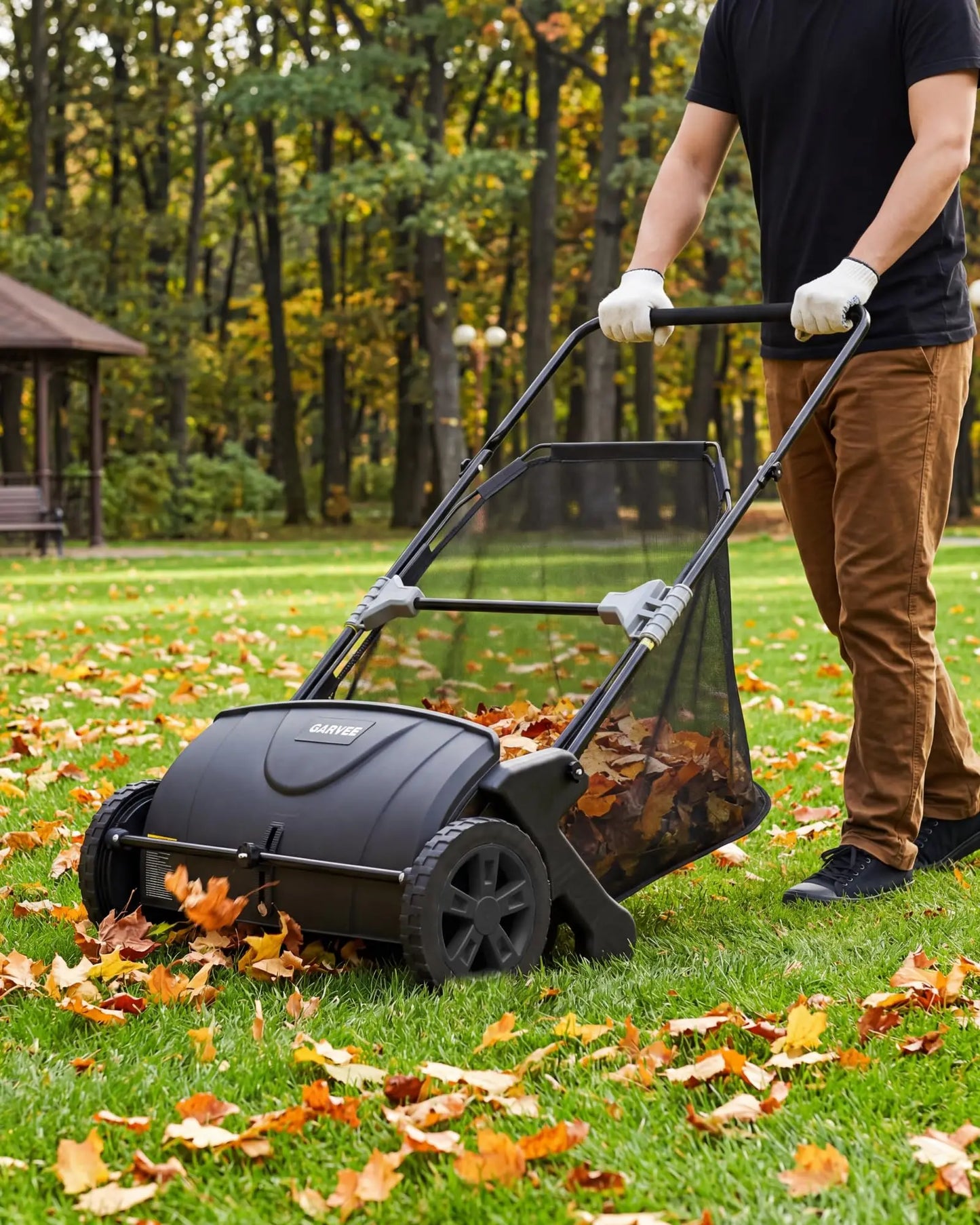 21 Inch Push Lawn Sweeper 3.5 Cubic Feet Hopper Leaf And Grass Collector 4 Spinning Brushes Adjustable Brush Height Manual Yard Sweeper For Grass Clippings Leaves And Light Debris