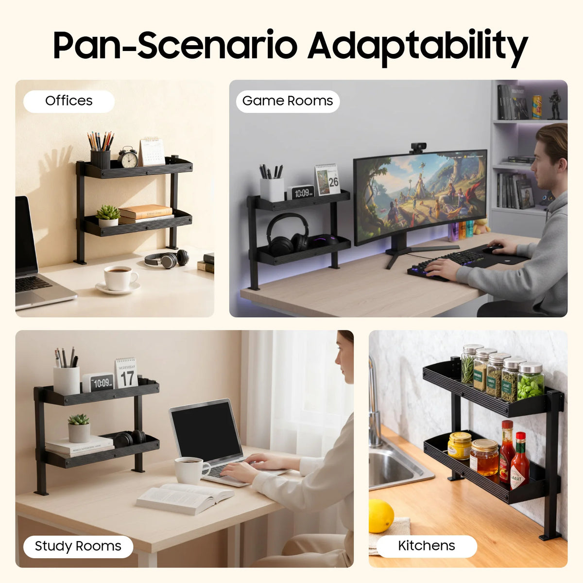 2-Tier Clamp-On Desk Shelf Organizer,Black Space-Saving Storage Rack w/Clamping Mechanism,Perfect for Standing Desk Installation Stone & Stem