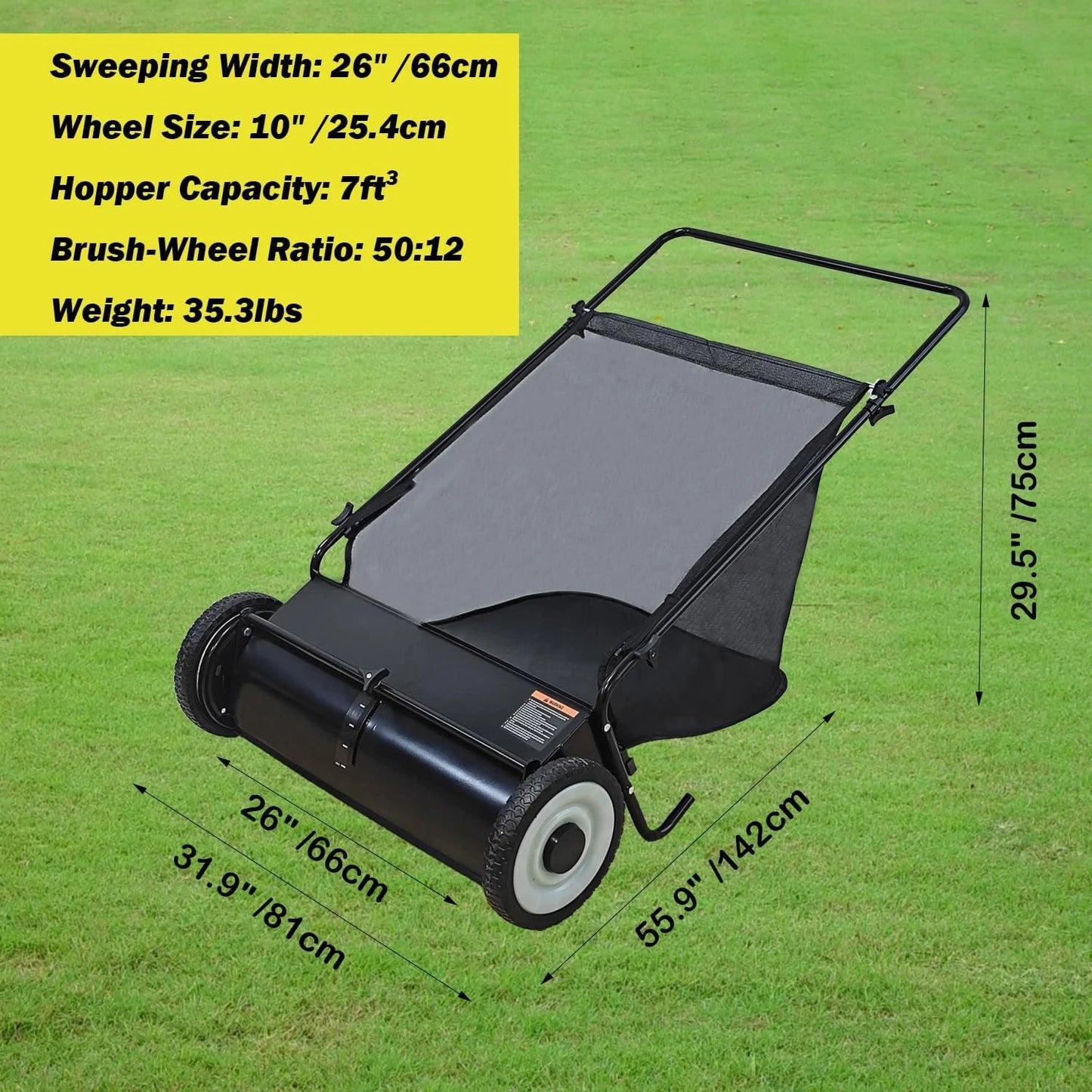 Push Lawn Sweeper, 26-Inch Width, 7 Cu. Ft. Hopper Capacity, 4 Spinning Brushes, Adjustable Height, Durable Steel Frame·2025 NEW
