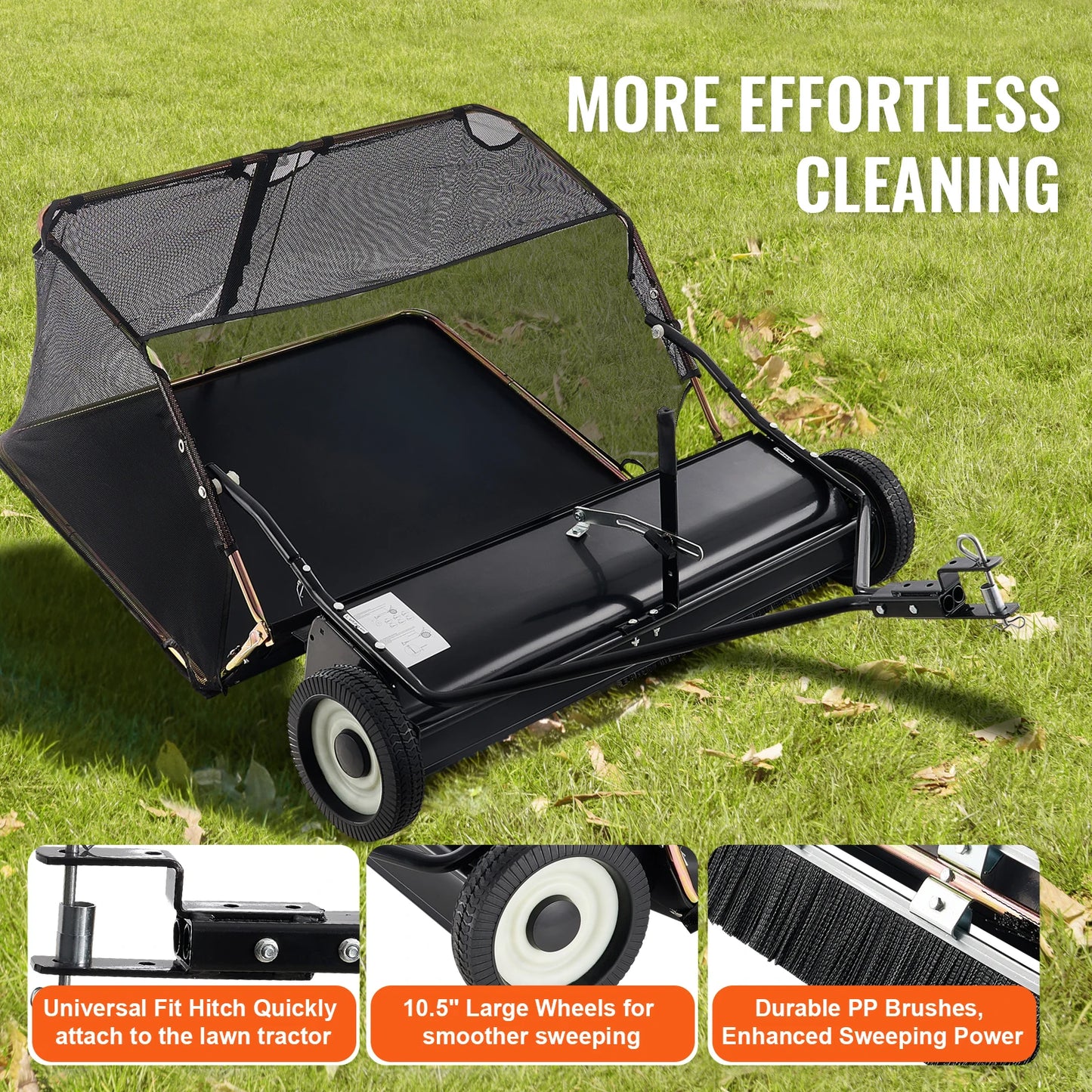 SucceBuy Large Lawn Sweeper, Tow Behind Design with Dump Rope for Easy Emptying
