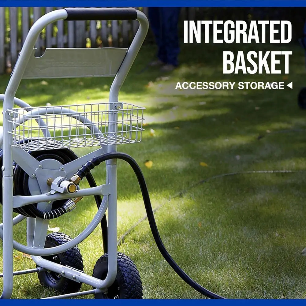 Garden Hose Cart, Holds 5/8 in. x 400 ft. Hose, Tubular Steel  10 in. Tires, Brass fittings, 6 foot. Leader Hose.