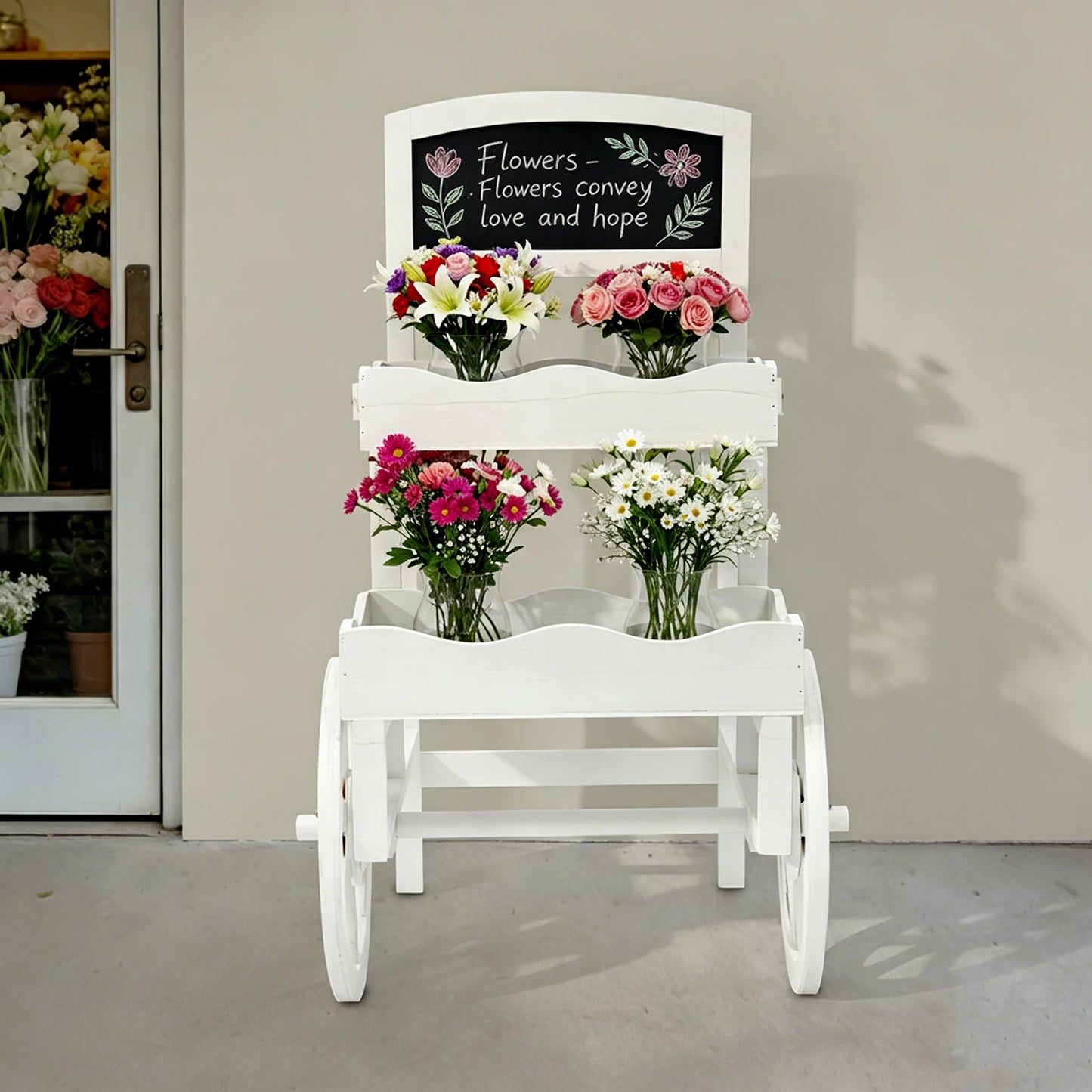2-Tier Planter Cart, Garden Wood Flower Display Stand with Wheels