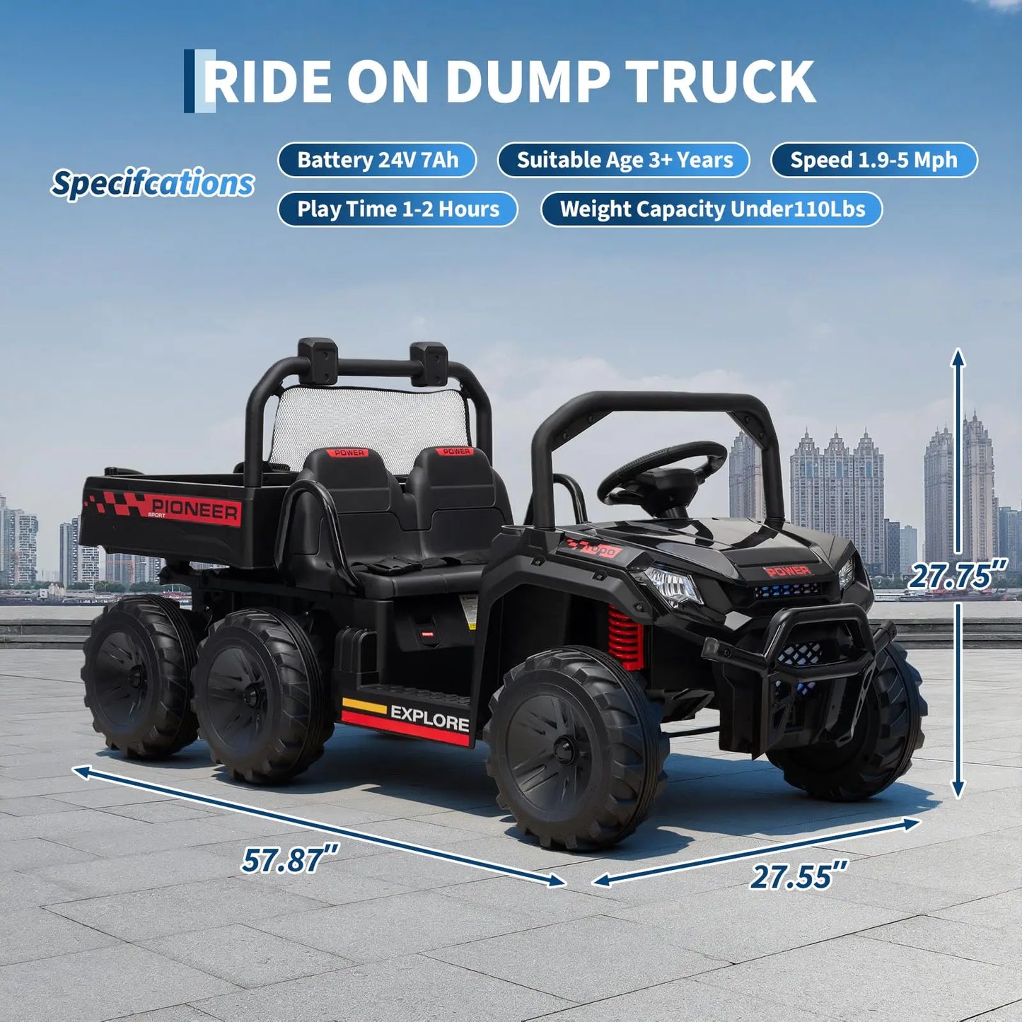 24V 4WD Electric Ride-on Dump Truck For Kids 2-Seater With Parental Remote Control