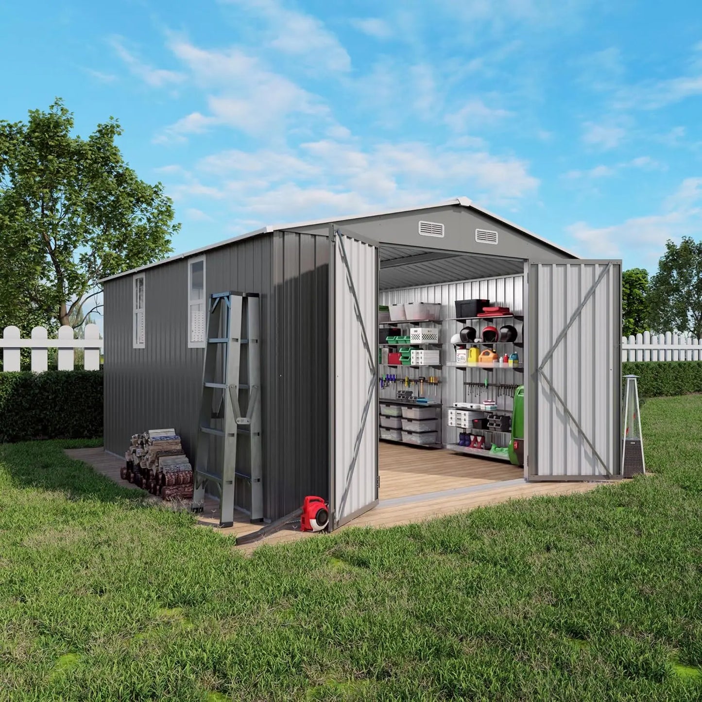 10x12x6.7FT Galvanized Steel Storage Shed Lockable Door Window