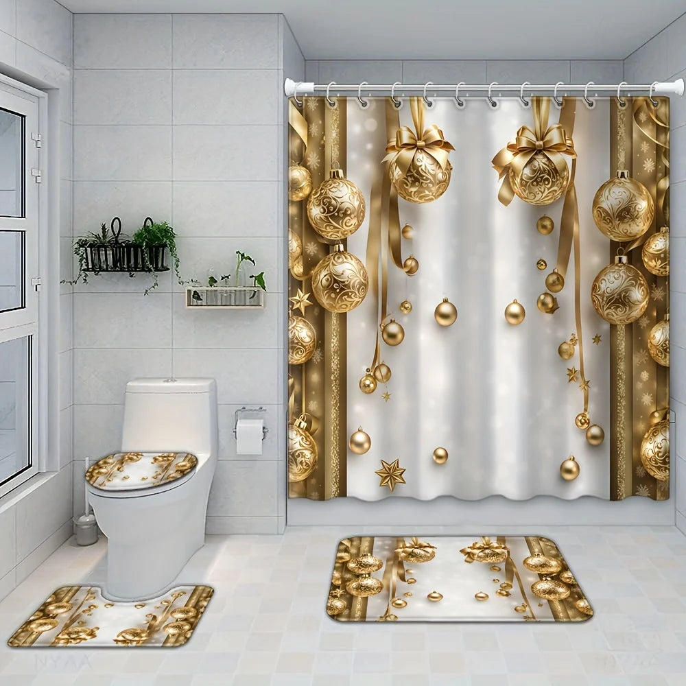 4PCS Holiday Gold Christmas Shower Set, 12 Hooks, Bath Mat, Toilet Seat Cover, U-Shaped Rug, Seasonal Bathroom Decor