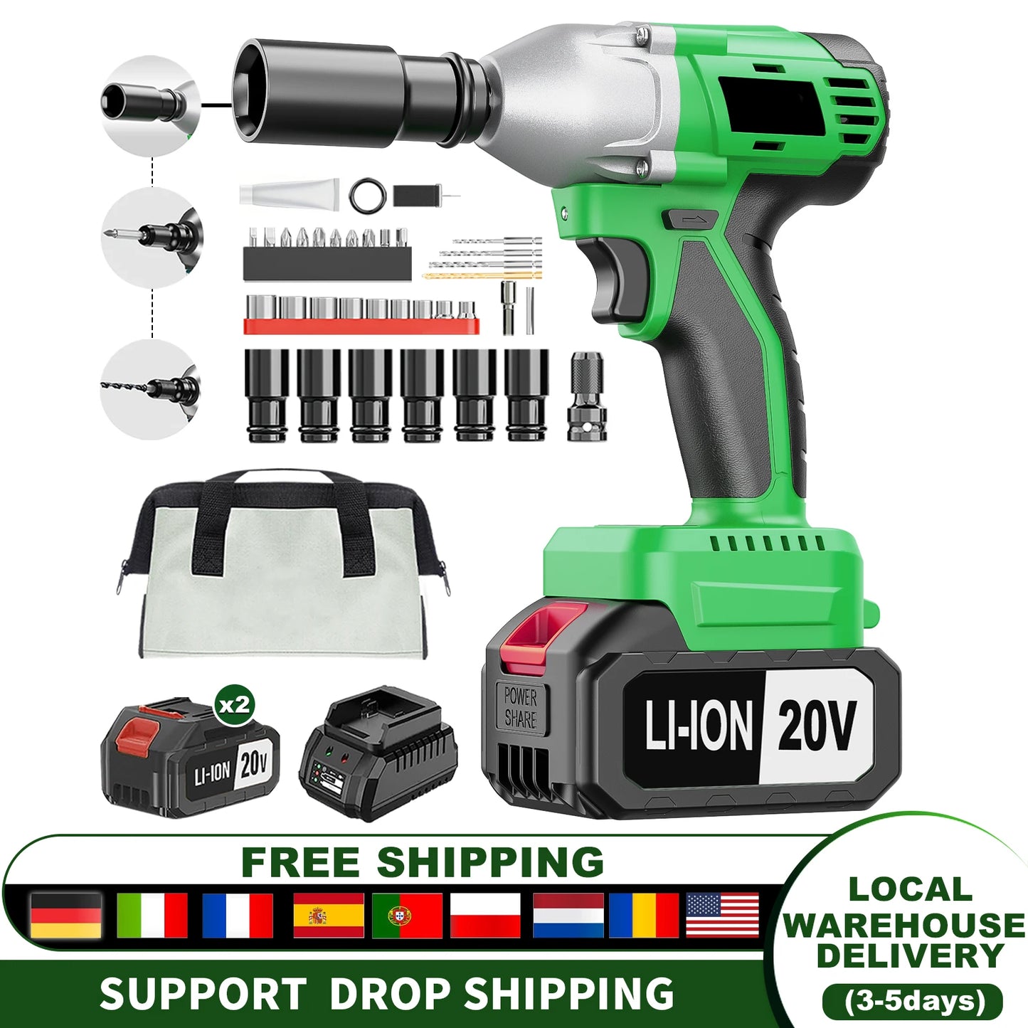 3 in 1 Electric Impact Wrench 20V 430nm Cordless Brushless Car Support Battery Power
