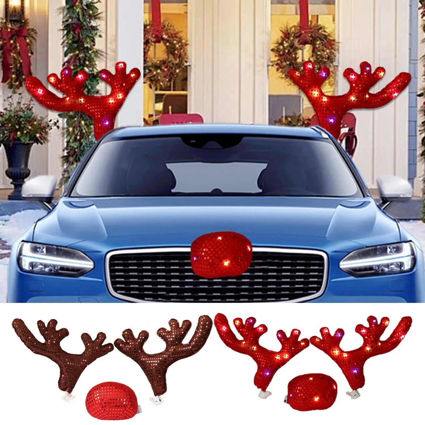 Reindeer Car Decor Cute Funny Waterproof Nose Antlers Kit Vehicle Accessories